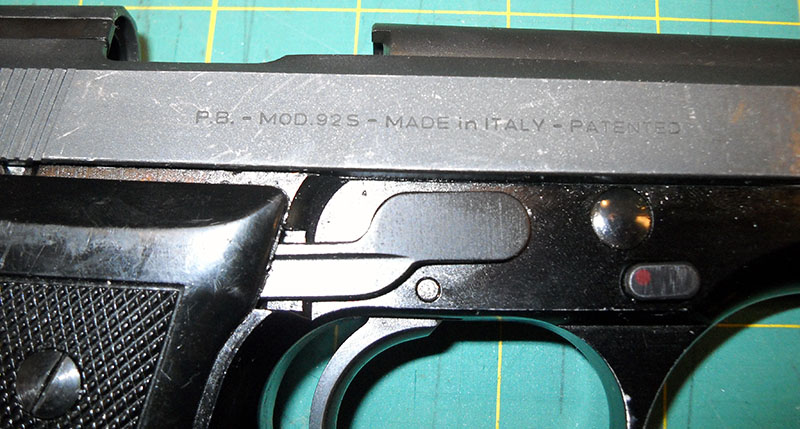 detail, Beretta 92S slide markings, right side: P.B. - MOD.92S - MADE in ITALY - PATENTED